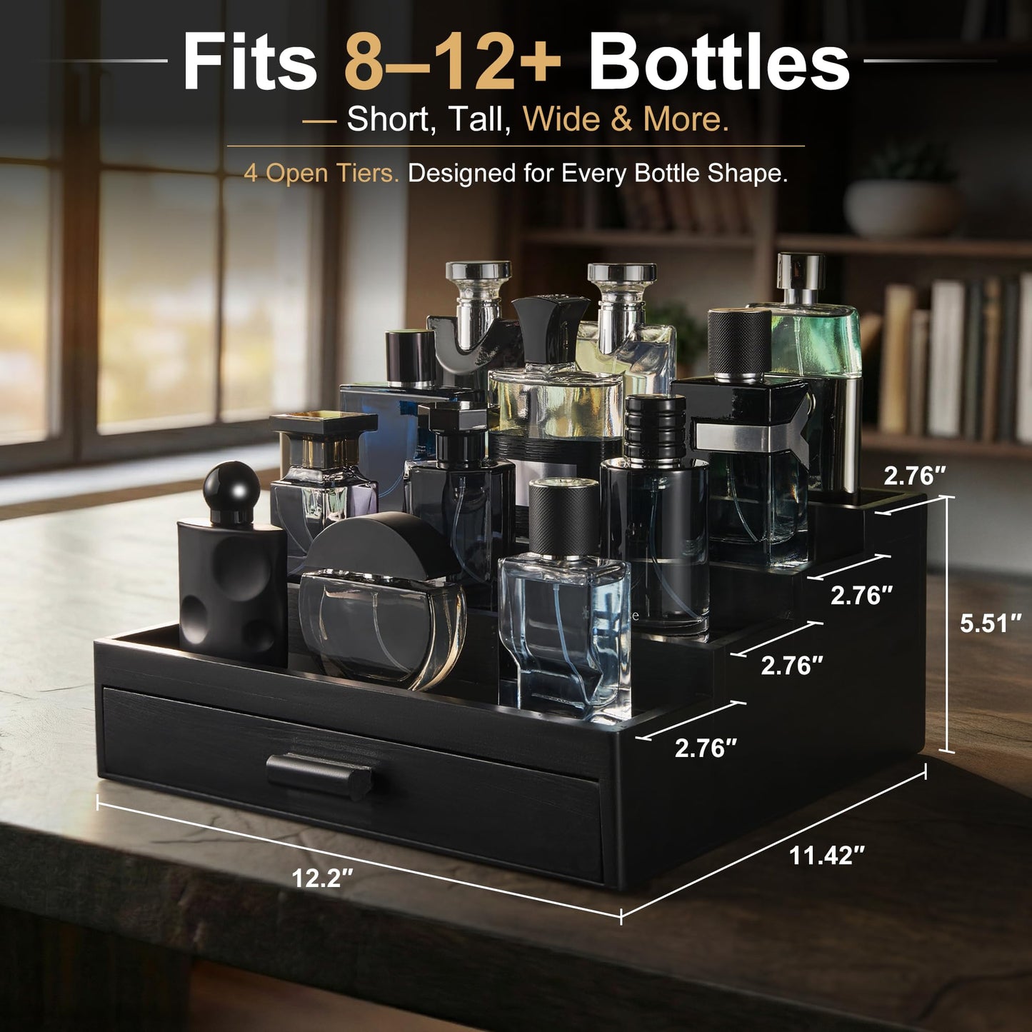 Swathmore Supply Co. Cologne Organizer for Men – 4 Tier Wooden Cologne Stand with Premium Velvet Drawer, Cologne Shelf, Perfume Fragrance Organizer & Display Holder for Dresser, Father's Day, Black