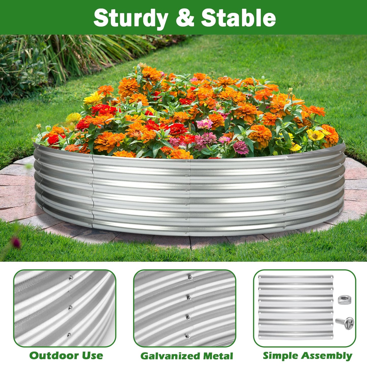 OUSHENG 5x5x1ft Round Galvanized Raised Garden Beds Outdoor, Steel Fire Pit Ring Flower Planter Large Metal Above Ground Boxes Kit for Gardening Vegetables Outside