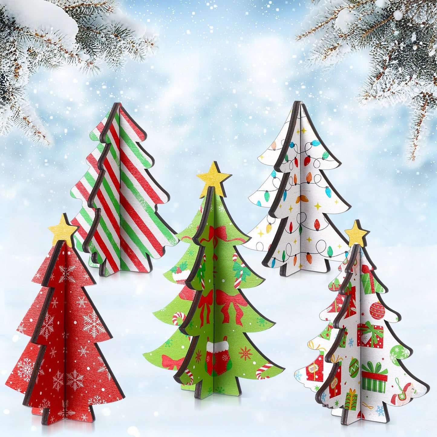 Bucherry 5 Pcs Wooden Christmas Trees Tabletop Decorations Rustic 3D Christmas Trees Xmas Centerpieces Farmhouse Table Wooden Signs for Xmas Winter Farmhouse Home Tiered Tray Decor