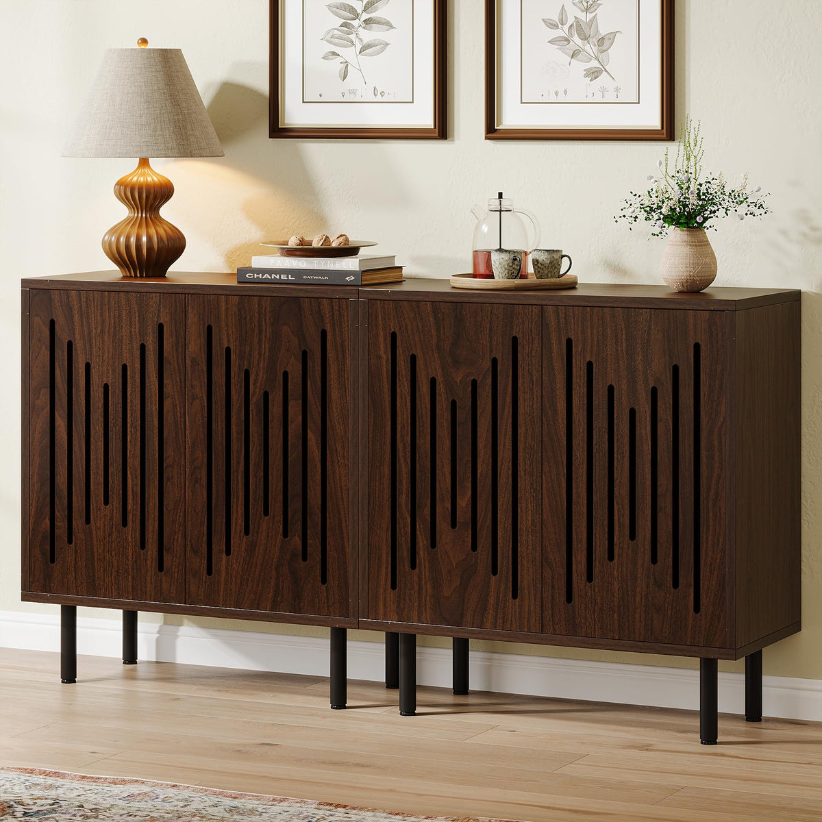Tribesigns Set of 2 Sideboard Buffet with Storage, 59" Buffet Sideboard Cabinet with Adjustable Shelves, Accent Storage Cabinet for Living Room, Dark Brown