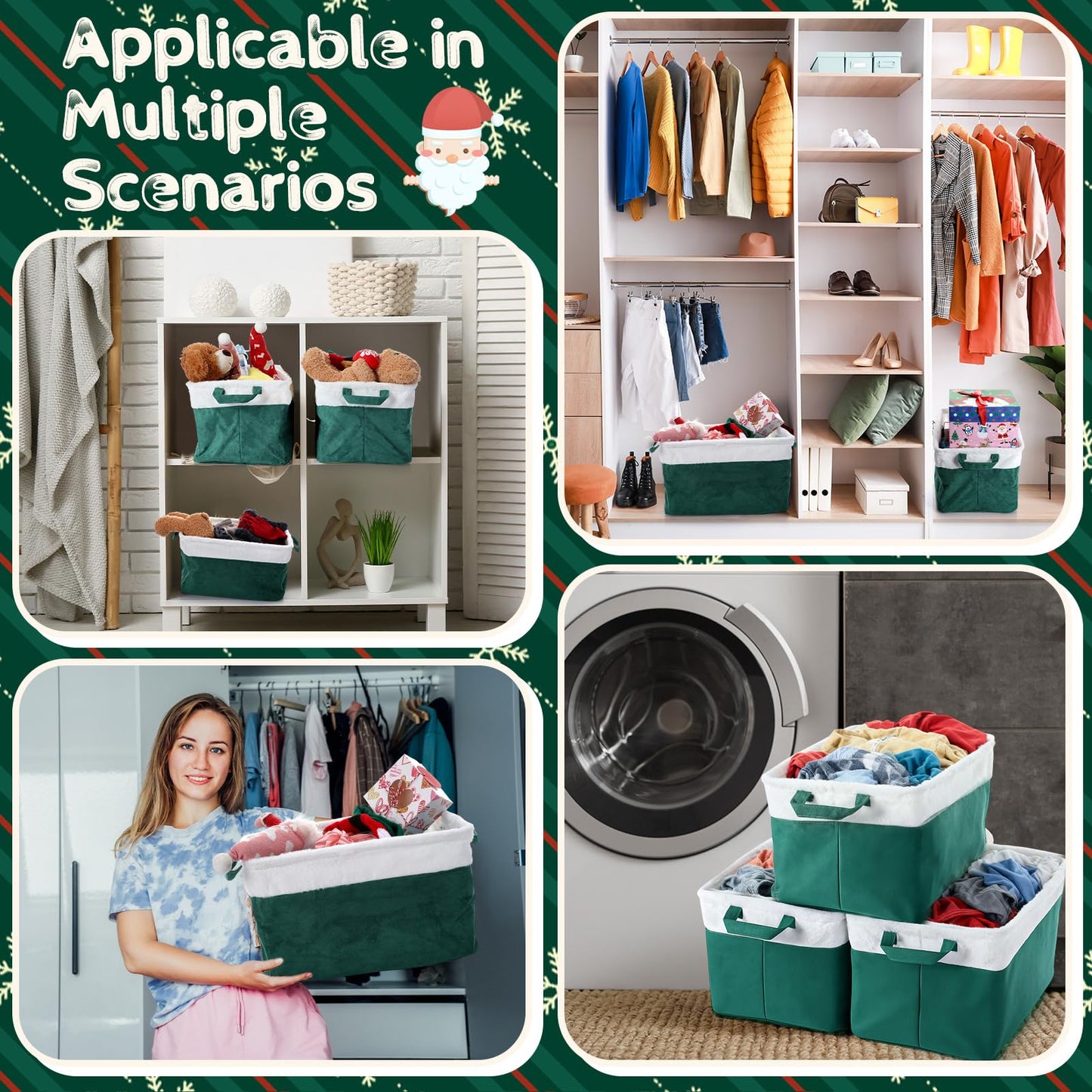 Bokon 3 Pcs Christmas Storage Basket Large Velvet Foldable Storage Bin with Handles Flannel Waterproof Closet Organizer Christmas Gift Basket for Office Home Bedroom Clothes(Green)