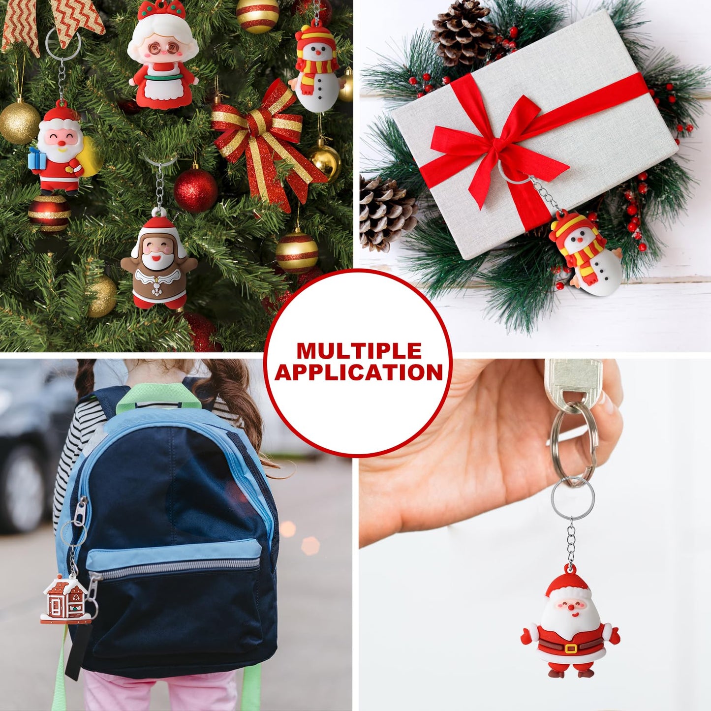 42 Pcs Christmas Keychains Bulk, 3D Santa Claus Snowman Xmas Tree Reindeer Hanging Ornaments with Key Rings for Christmas Party Favors, Adults Christmas Giveaways