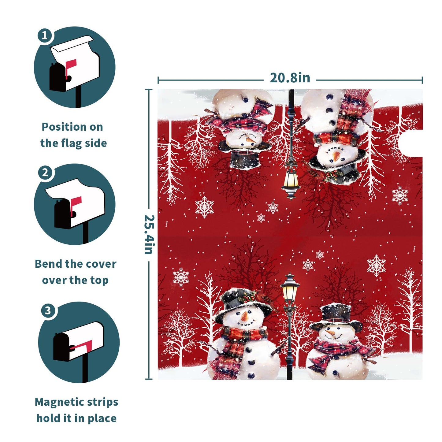 Merry Christmas Red Snowman Magnetic Red Winter Outdoor Mailbox Cover - Standard Size 25.5 x 21 Inch Snowflakes Holiday Mailbox Wrap
