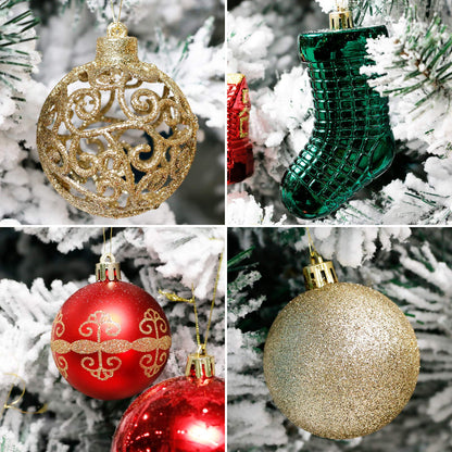 ROSELEAF 132pcs Christmas Tree Decoration Set - Red, Green & Gold Shatterproof Hanging Ornaments - Folk Art Style - Christmas, Wedding, Anniversary