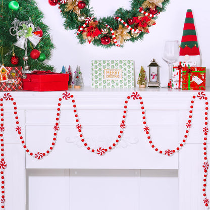 obmwang 10 Feet Christmas Wooden Bead Candy Garland Red and White Peppermint Candy Bead Garland for Xmas Party Supplies Holiday Decor