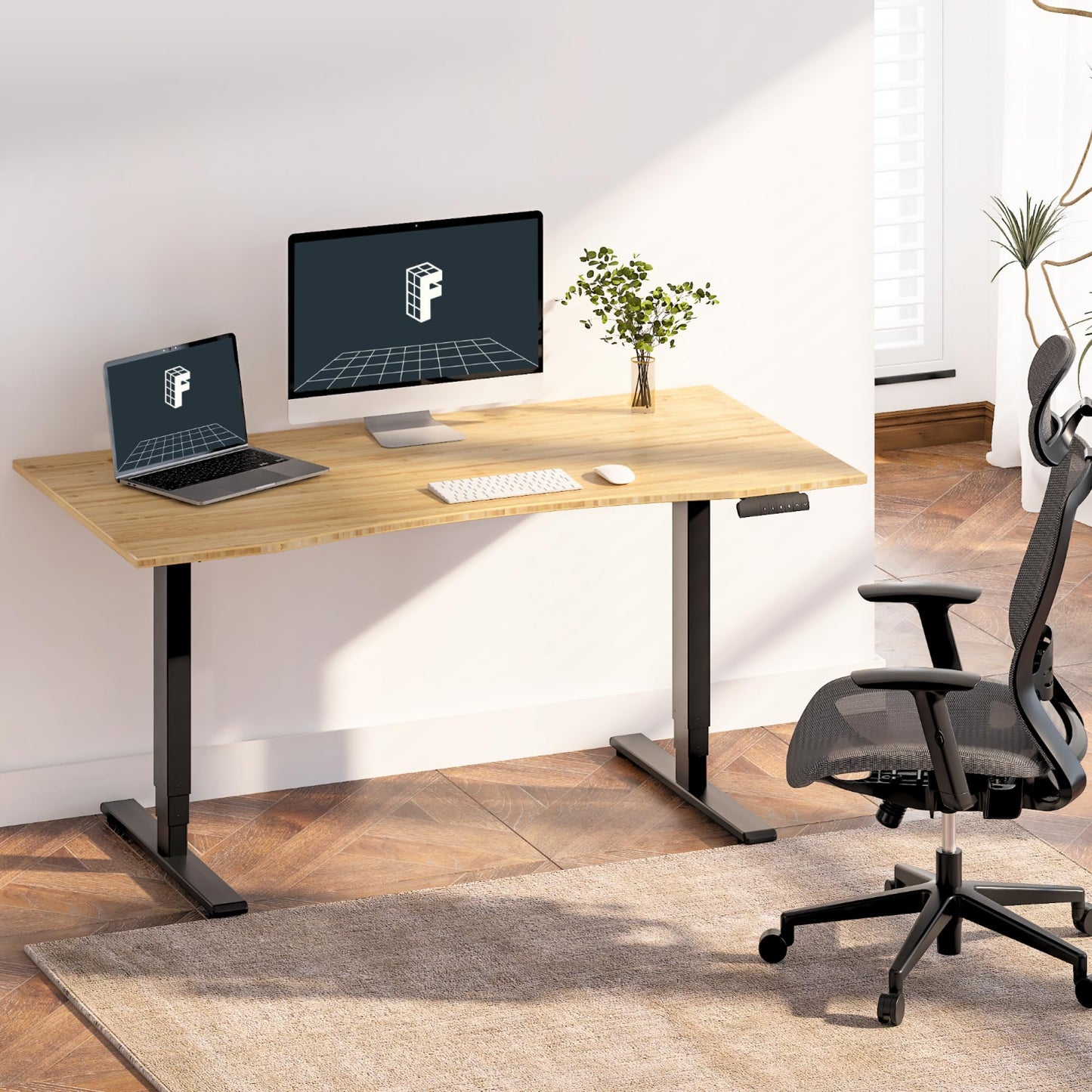 FlexiSpot E6 Bamboo 3-Stage Dual Motor Electric Standing Desk 55 x 28 Sit Stand Up Desk, Holds 220 lbs, Adjustable Height w/ Memory Presets, Solid Bamboo Curved Desktop & Black Frame, Ships in 2 Boxes