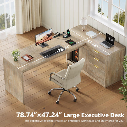 Homiflex 78.7" L-Shaped Executive Desk with Drawers and File Cabinet, Farmhouse Large Office Desk with Power Outlets & Sliding Door Storage, Corner Computer Desk for Home Office Gaming, Natural Oak