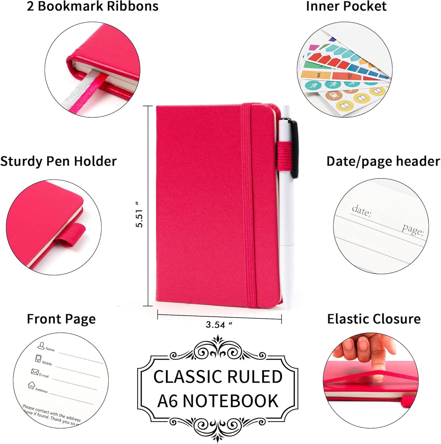 feela 6 Pack Pocket Small Notebooks Bulk, Mini Cute Memo Notepads Hardcover College Ruled Lined Journals with Pen Holder for Women Girls Office School, with 6 Black Pens, 3.5”x 5.5”, A6, Berry
