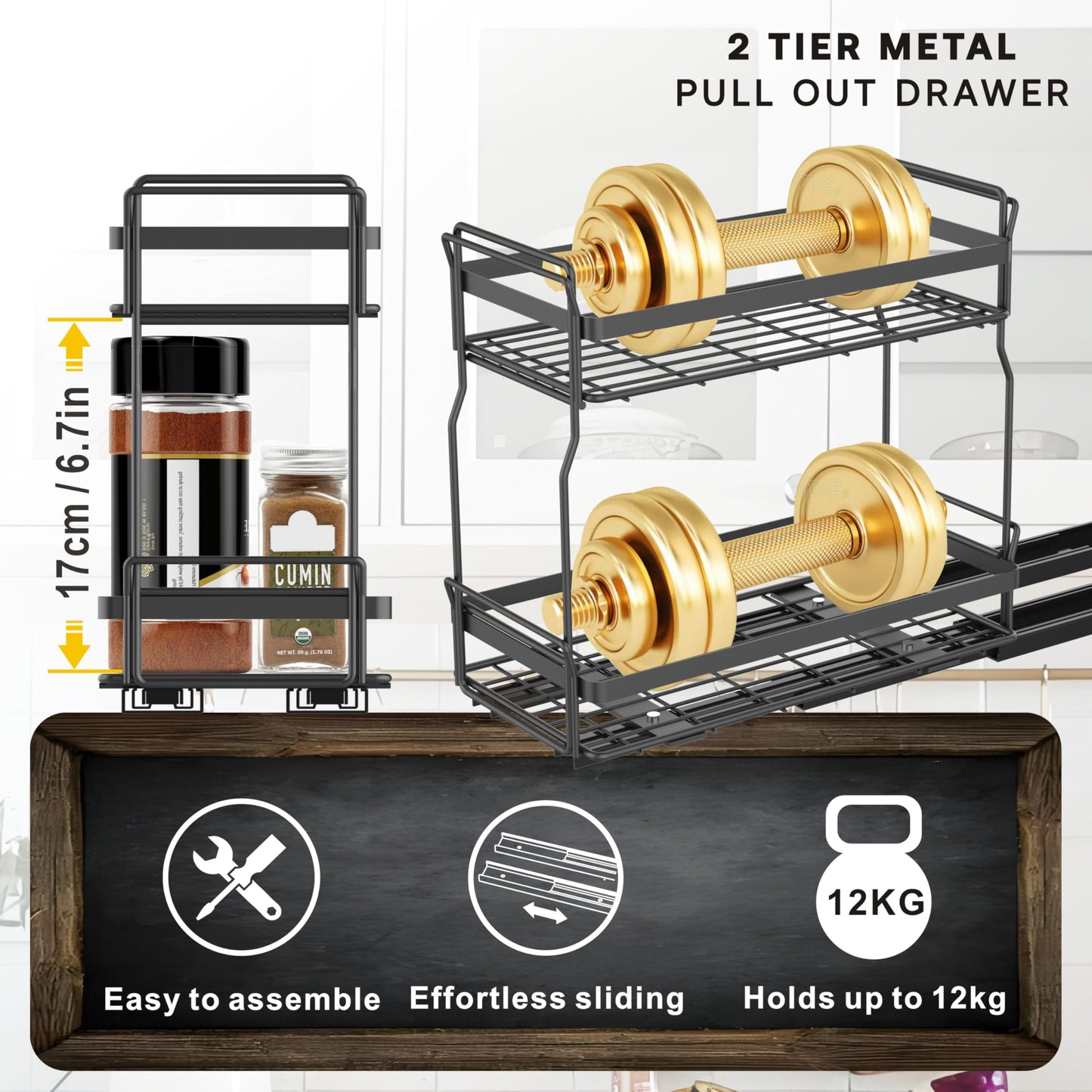 WOAHKIT 2 Pack Pull Out Spice Rack Organizer for Inside Kitchen Cabinets, Heavy Duty Slide Out Seasoning Kitchen Organizer, 2 Tier Vertical Sliding Seasoning Organizer, 10.5" D x 5.1" W x 9.6" H