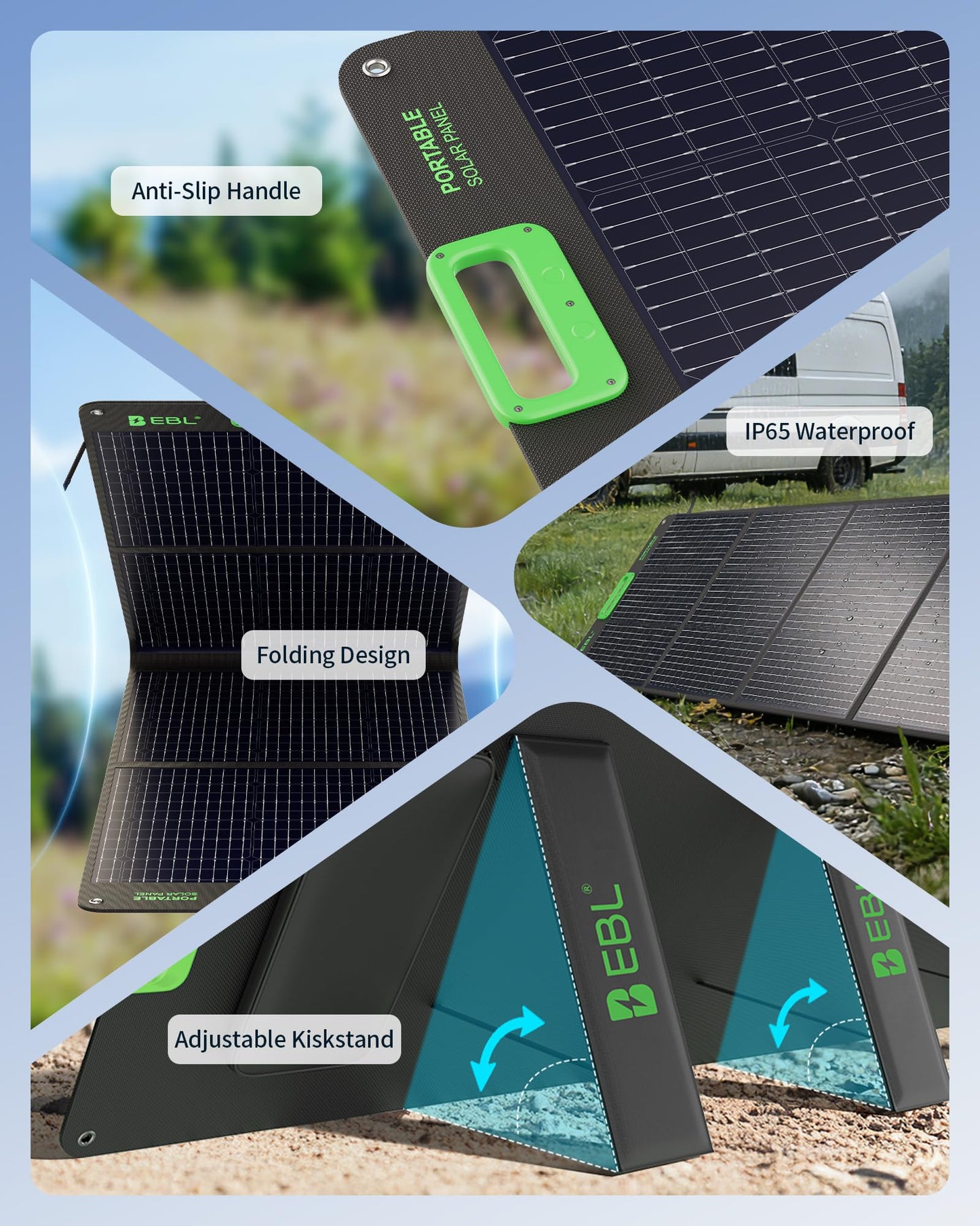 EBL 200W Portable Solar Panel, Foldable IP65 Waterproof 200 Watt Solar Panel with MC-4 Anderson Output Connector, w/ 4 Kickstands for RV, Camping, Blackout