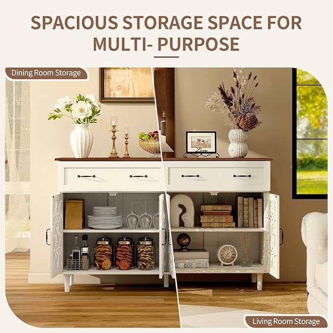 59″ White Bohemia 4 Heart Shaped Carved Doors, 2 Drawers and 2 Adjustable