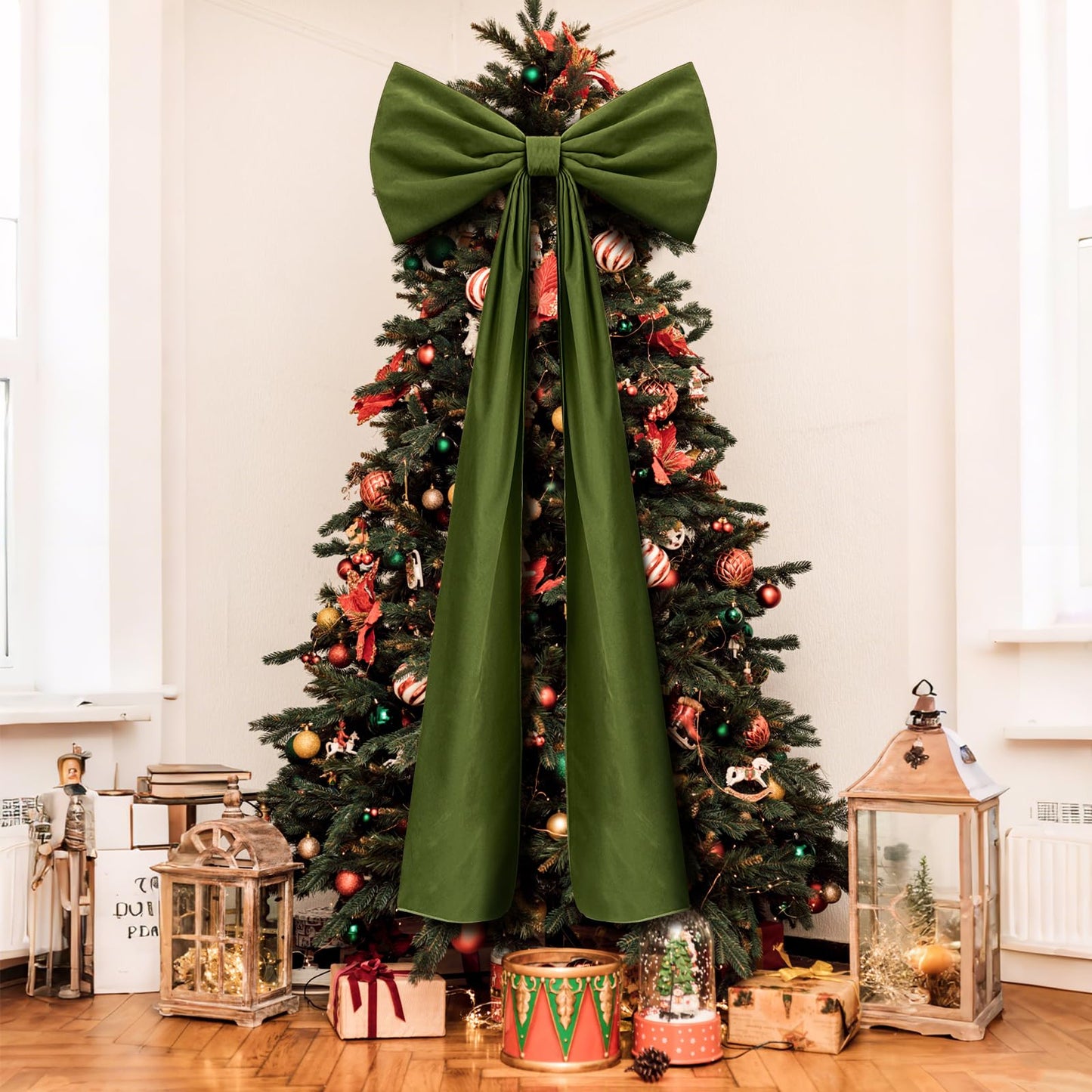 Knitgrip 20 x 71 Inches 1 Pack Christmas Extra Large Velvet Bows Christmas Tree Topper Bow Decor Giant Xmas Front Door Bows with Long Streamers for Home Wreath Wall Backdrop Party (Moss Green)