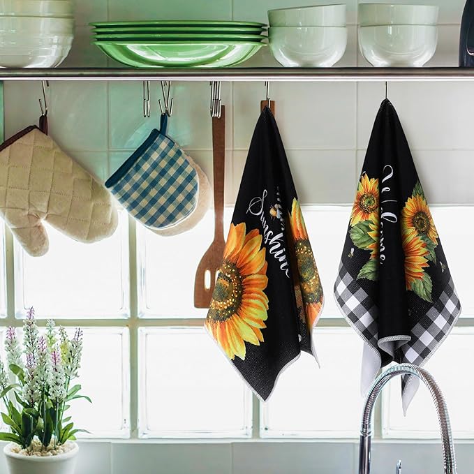 Bencailor 4 Pcs Sunflower Kitchen Towels Summer Black and White Tea Towels