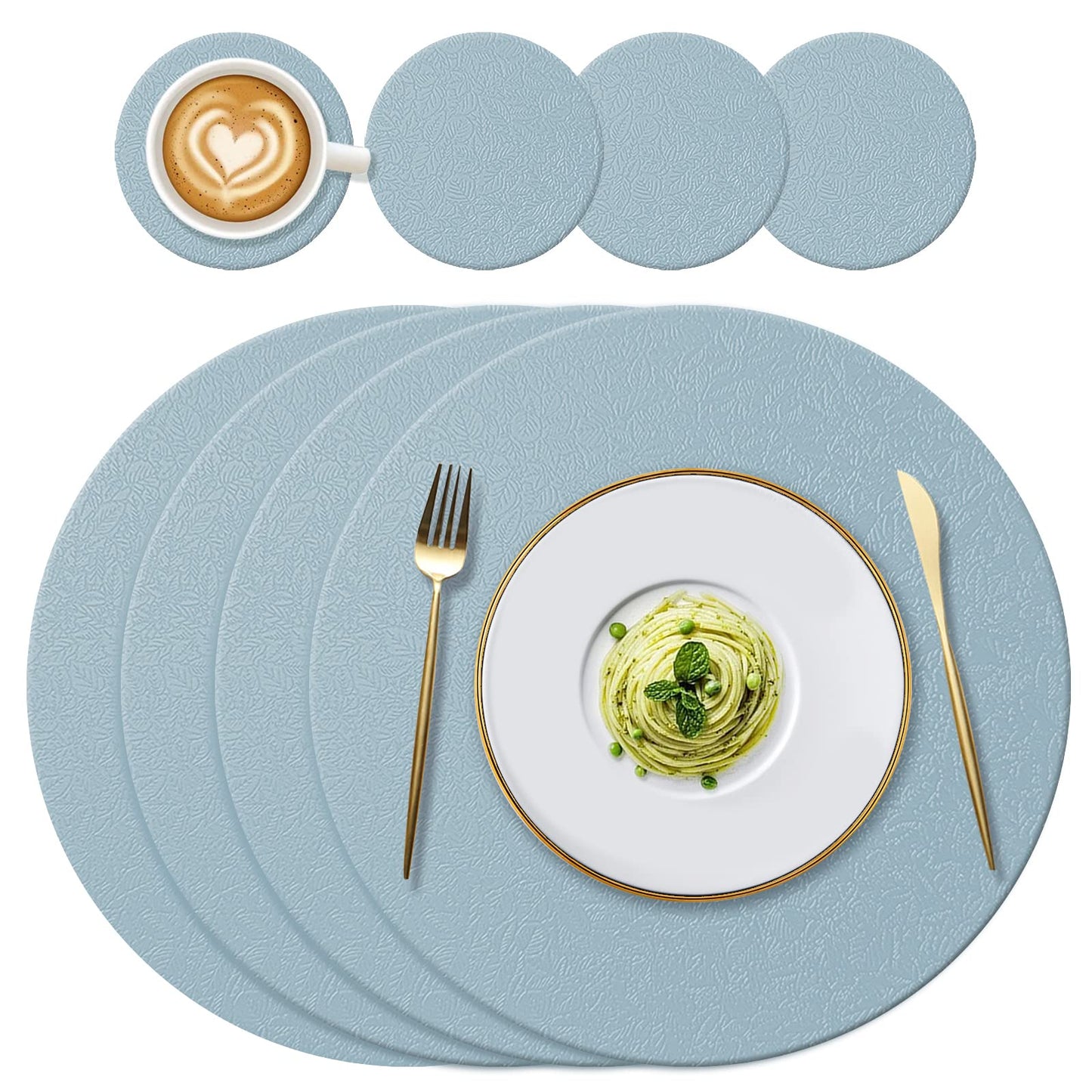 YUNJUER Round Silicone Table Mats(34cm) and Coasters(10cm) Set of 4, Heat-Resistant 450 °F Place mats, Non-Slip and Washable, Place Mats for Hotel, Restaurant, Kitchen Glass Dining Table, (Light Blue)