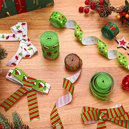JarThenaAMCS 8 Rolls Christmas Grosgrain Ribbons 7/8" Red Green Xmas Candy Cane Light Bulb Santa Hat Dot Stripe Fabric Craft Ribbon for Holiday Birthday Wreath Bow Gift Wrap Party Decor, 40 Yards