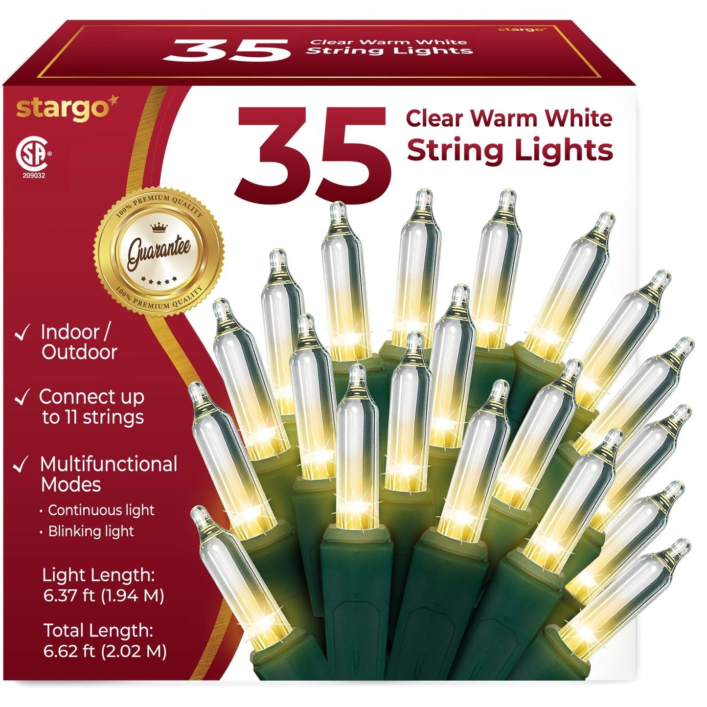 Clear Warm White Christmas Tree Lights - 6.3 ft String of 35 Incandescent Mini Bulbs Multifunctional Lighting Modes, for Decorative, Bedroom, Outdoor, Xmas Twinkle Lights with Green Wire Total 6.6 ft