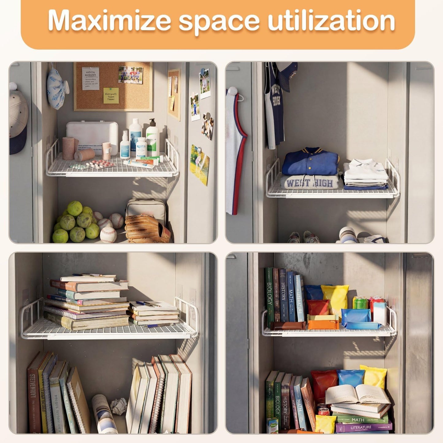Colarr Adjustable Locker Shelf, Expandable Metal Locker Organizer Shelf 10.6-15 Inch, Heavy Duty Lockers Shelves with Support Adhesive Hooks to Fit School Classroom Office Gym Lockers(White)