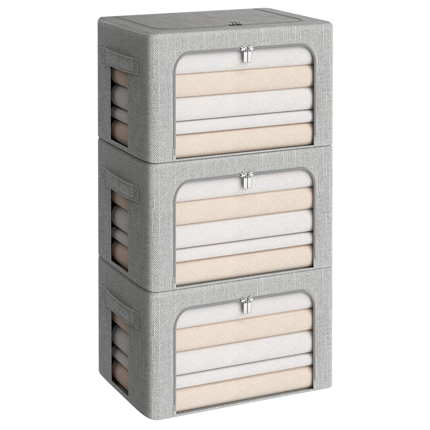 CYhom 3Pack Foldable Storage Bins - Frame Storage Box Linen Fabric Stackable Clothes Container Organizer with Clear Window & Carry Handles Large Capacity (Medium-36L, Light Grey)