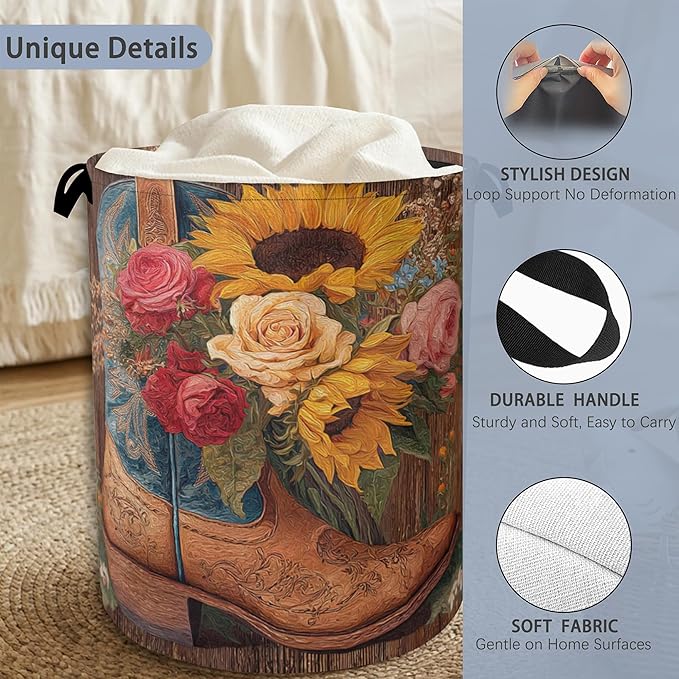 Cowboy Boots Laundry Basket, Wooden Sunflowers Foldable Oxford Cloth Tote Bag