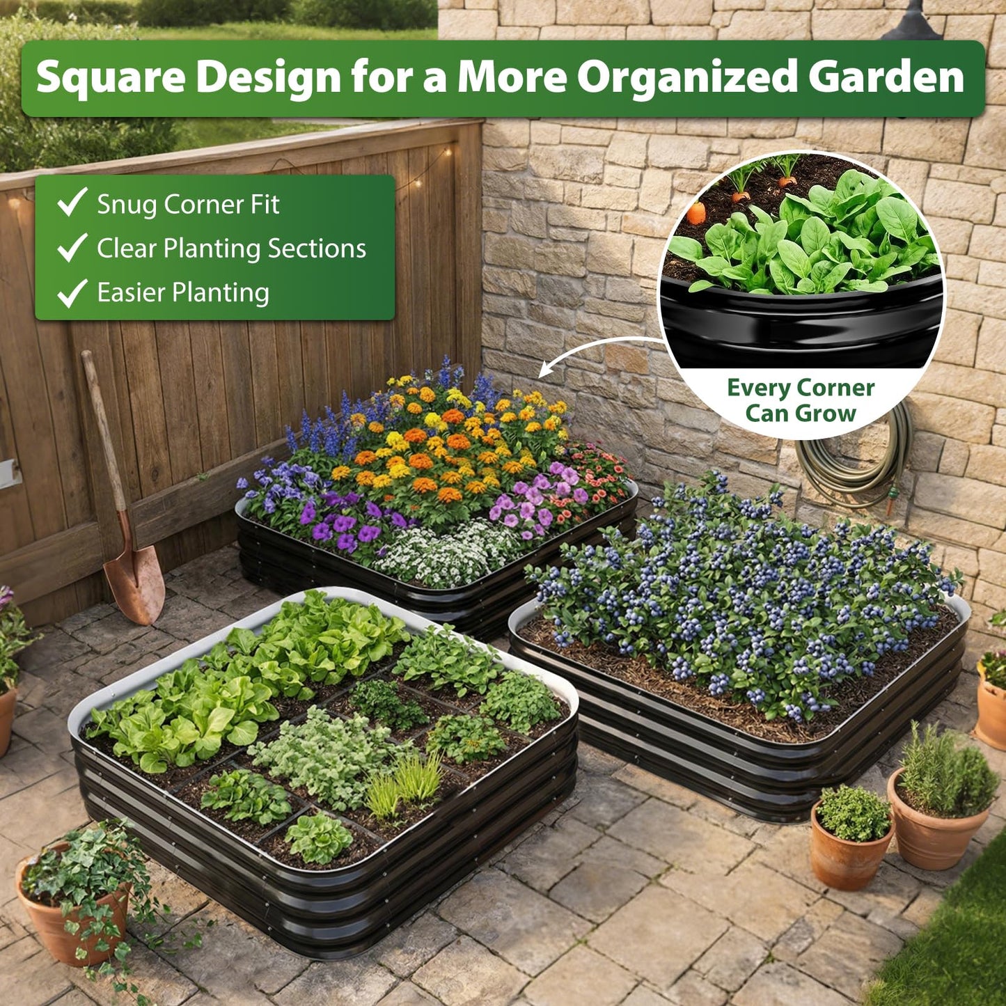 FCCRETA Galvanized Raised Garden Bed for Gardening, 4x4x1ft Large Square Metal Planter Boxes Outdoor for Vegetable,Flower,Herb,Modular Above Ground Growing Container,Black, Easy Assembly