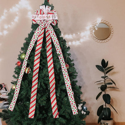 Christmas Tree Topper Wreath Bow Large Green Christmas Bow Tree Topper with Red Green Red Stripes Candy Patterned Gift Bows for Xmas Holiday Home Thanksgiving Indoor/Outdoor Decoration 52"x13"