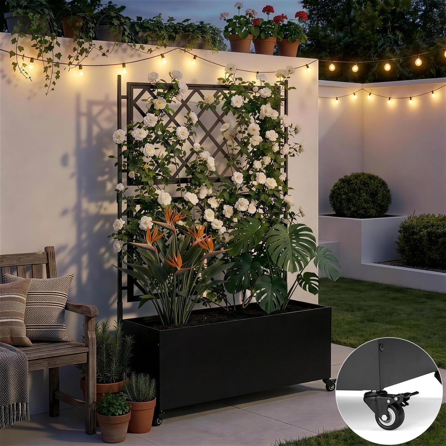 VINGLI 71″H Metal Raised Garden Bed with Trellis and Wheels, Outdoor Planter Box with Drainage Holes for Climbing Plants, Vegetables and Vines, Privacy Screen, for Patio, Backyard and Balcony, Black