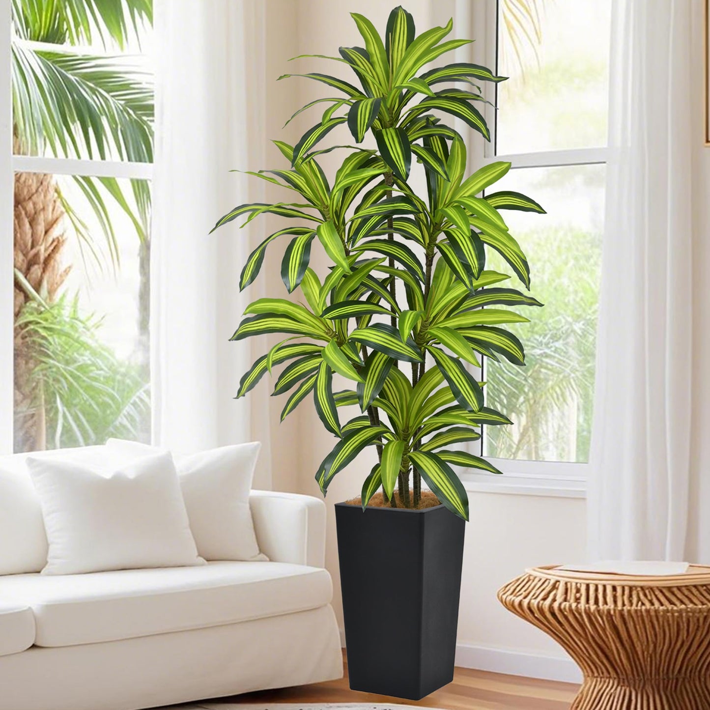 Artificial Dracaena Tree 6FT(72in) Tall Fake Silk Yucca Tree with Black Planter, Faux Floor Potted Artificial Plants for Home Office Living Room Indoor Decor (6feet,Tall Pot)