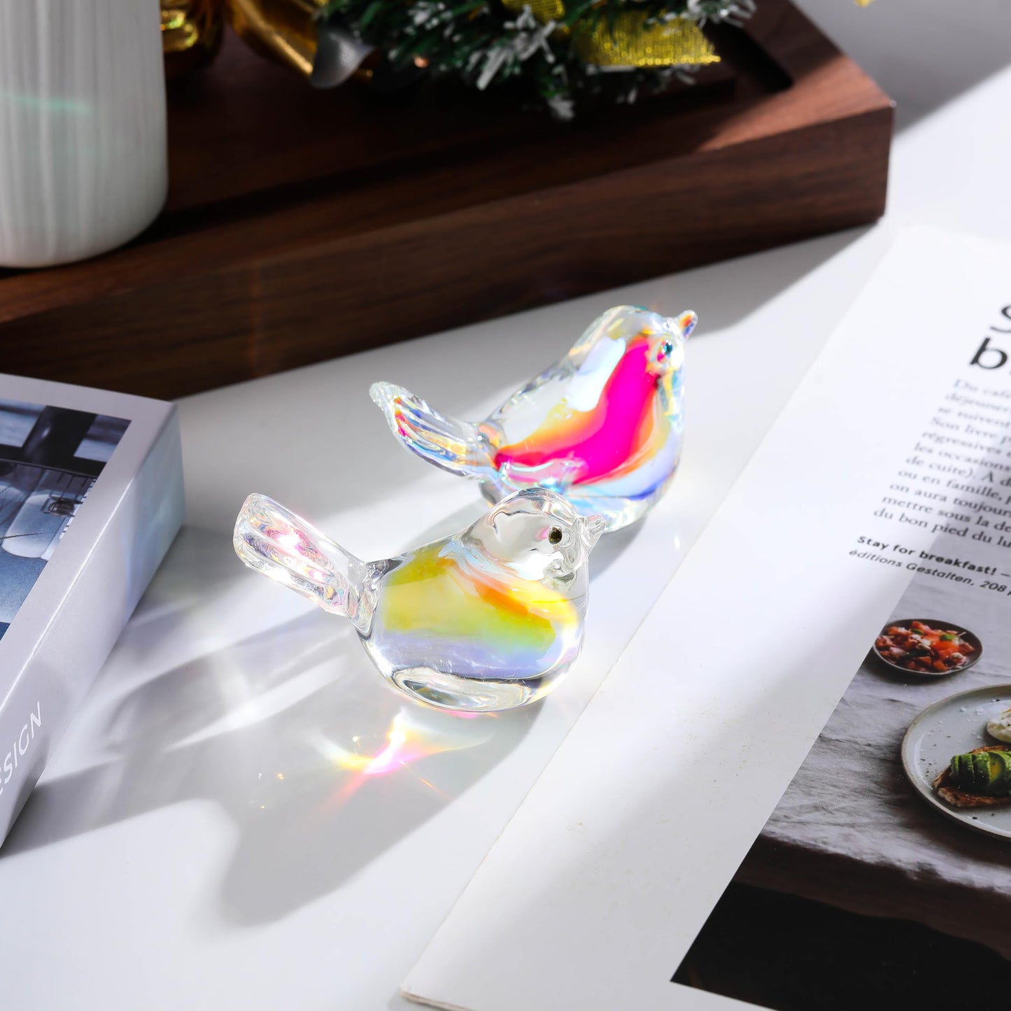 Qianwei 2pcs ABColor Glass Birds Figurine Handmade Blown Crystal Home Decor