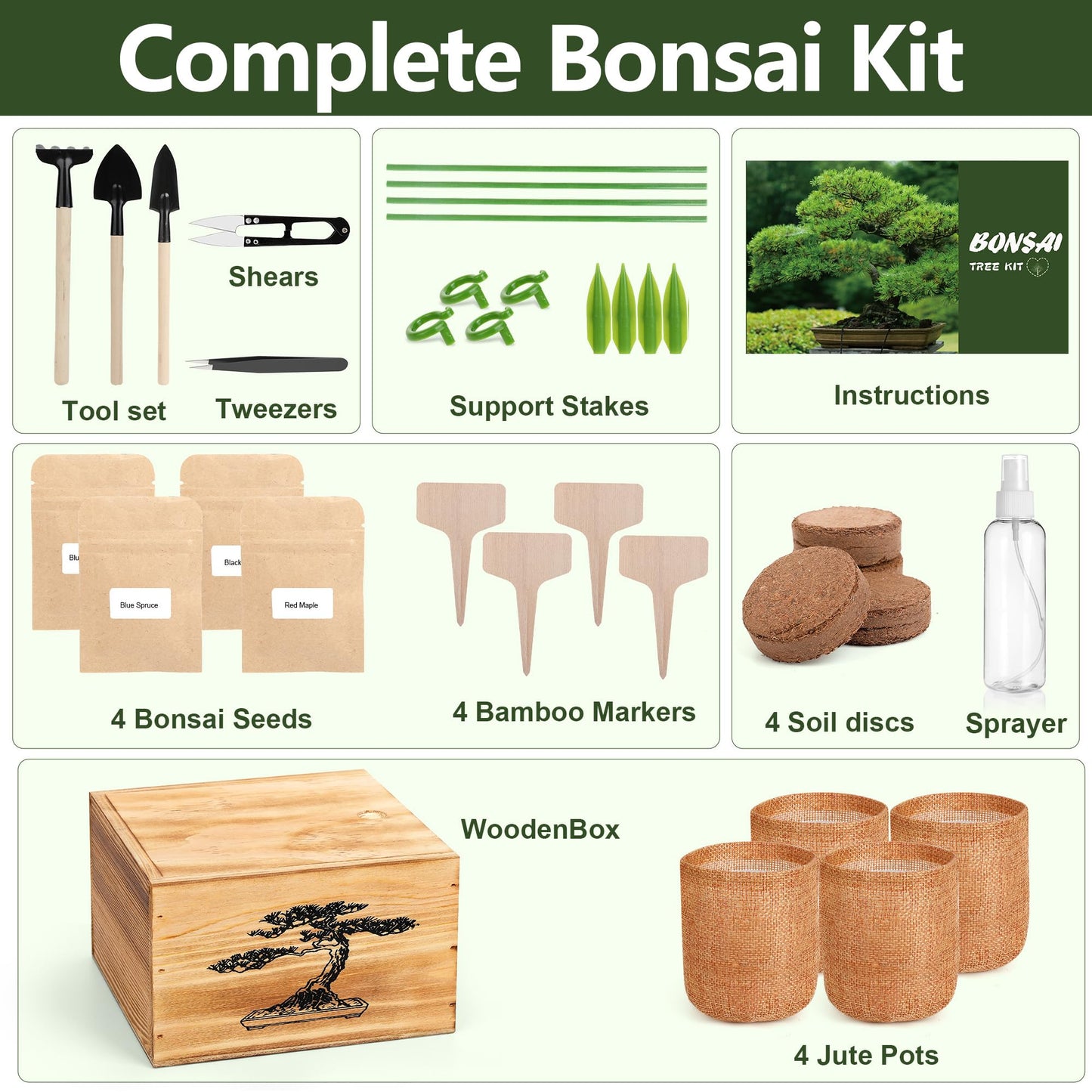 4 Pack Bonsai Tree Kit - 4 Seeds Growing Plant Bonsai Tree Live Kit for Beginners, Easy to Grow Complete Indoor Garden Starter Kits with Wooden Box & Tools, Christmas Gifts for Men Women Plant Lover
