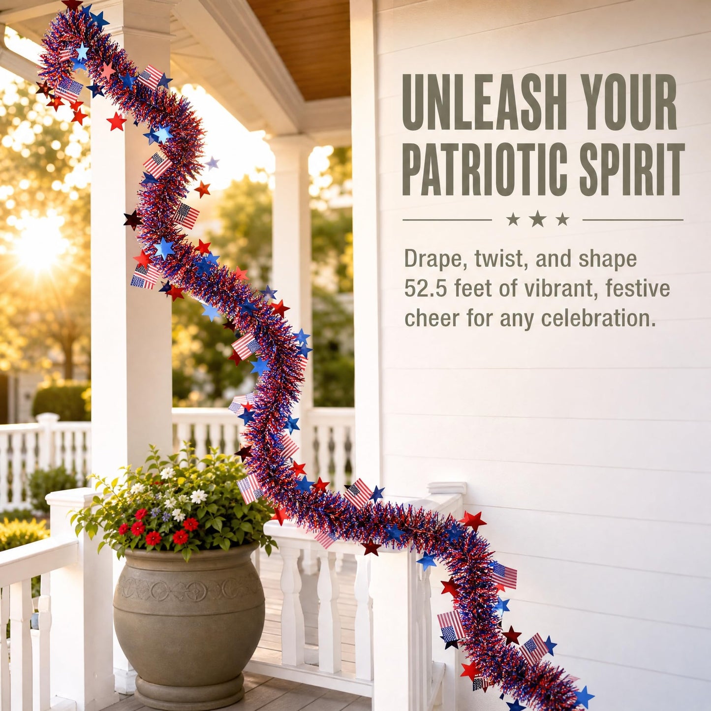 LKBBC 4th of July Tinsel Garland, 52.5 Ft Patriotic Red, White, and Blue Sparkly Glitter Star Flags Metallic Garlands Home Garden Tree Decorations for Independence &Memorial Day