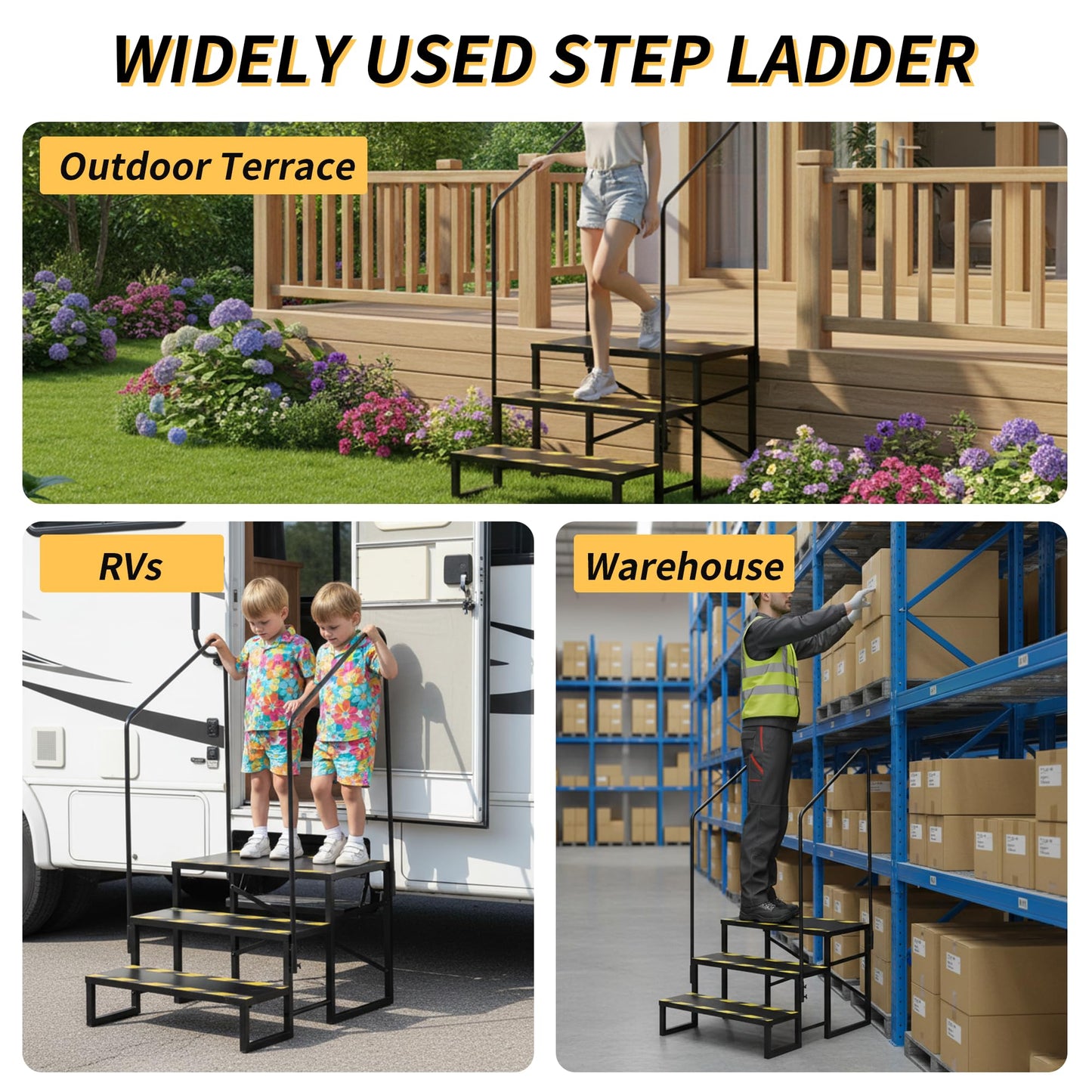 foriy RV Steps with Handrail and Platform, Camper Steps 3 Step Outdoor Hot Tub Mobile Home Stairs Anti-Slip for Travel Trailer Motor Home Boat Camper and Porch for Dogs Elder Child
