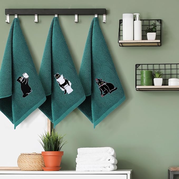 3 Pcs Cat Hand Towels for Bathroom Decor Funny Embroidered Black Cat Halloween