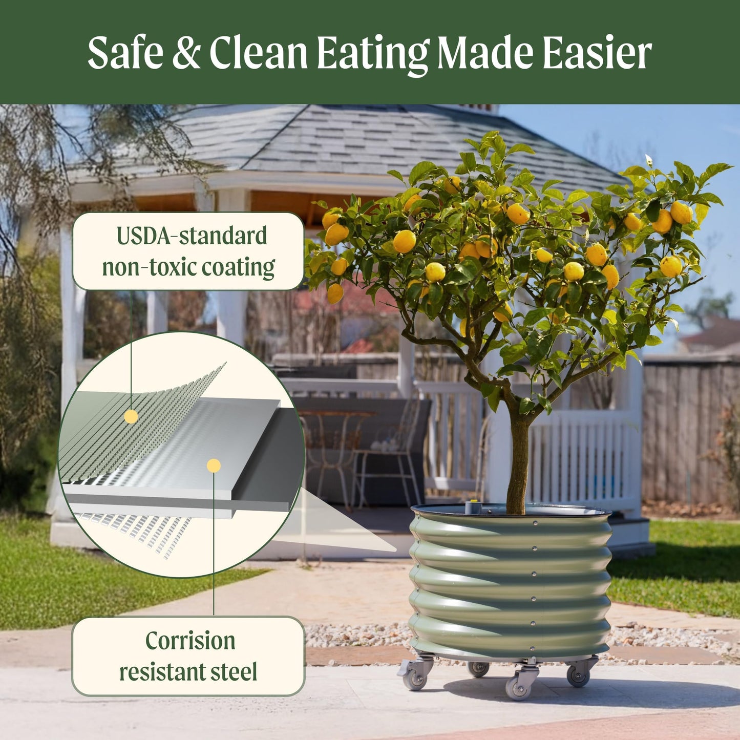 Rolling Metal Citrus Tree Planter, Self-Watering Round Large Pot for Growing Trees Tomatoes Outdoor Plants Vegetables and Flowers, Raised Garden Bed with Wheels for Porch Patio & Backyard, Olive Green