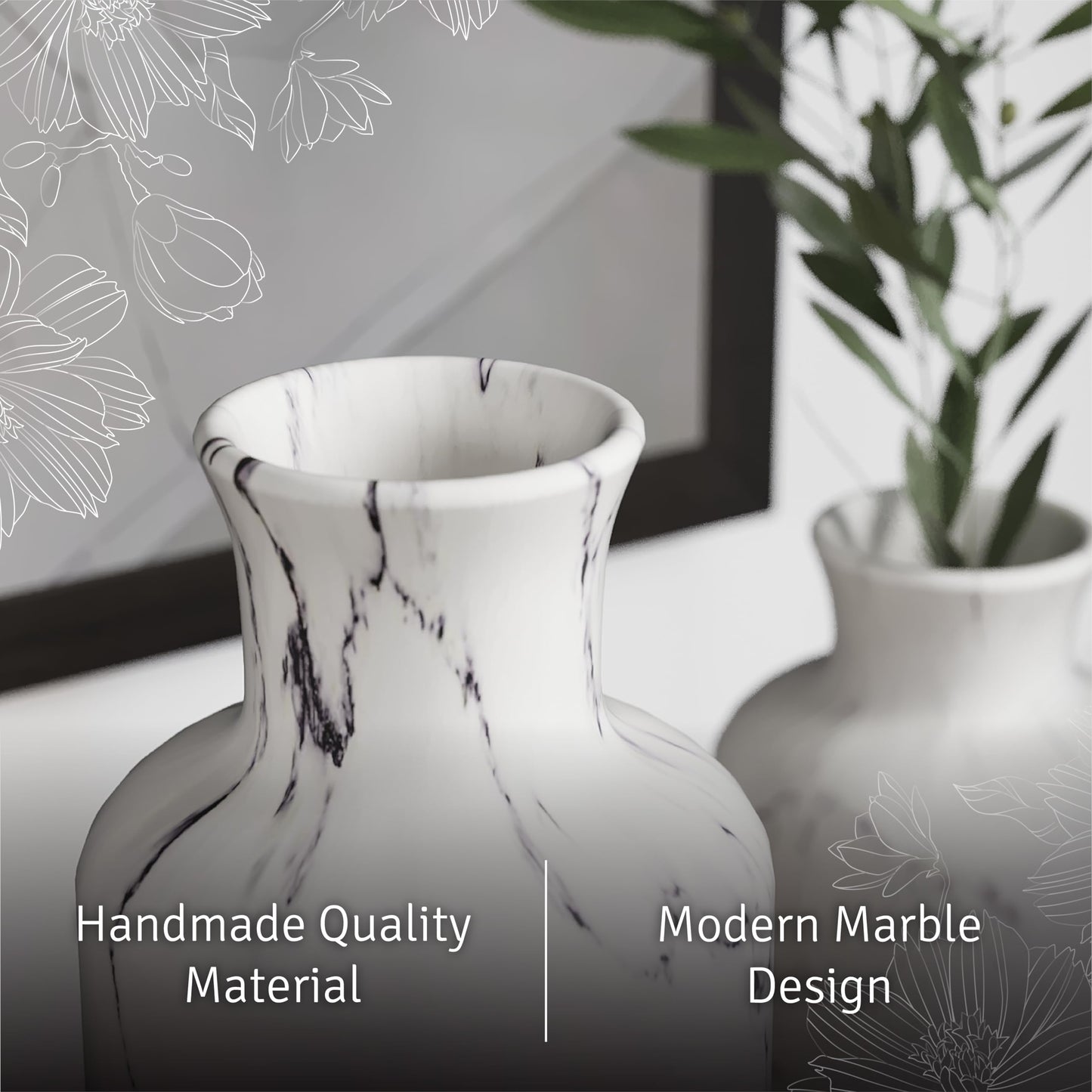 Creative Scents White Marble Look Vases Home Decor - Vase Set of 3 - Perfect for Holding Pampas Grass, Dried/Fresh Flowers, Vases for Your Kitchen, Bedroom, Office, Living/Dining Room, or Shelf Decor