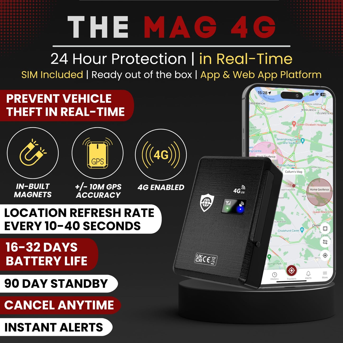 SafeTag Mag 4G – Rechargeable Magnetic 4G LTE GPS Tracker, Car, Van, Motorbike, Caravan, etc. 34-195 Countries, 90 Day Standby, Real Time Tracking and Alerts, 7 Day Free Trial+SIM Included, UK Company