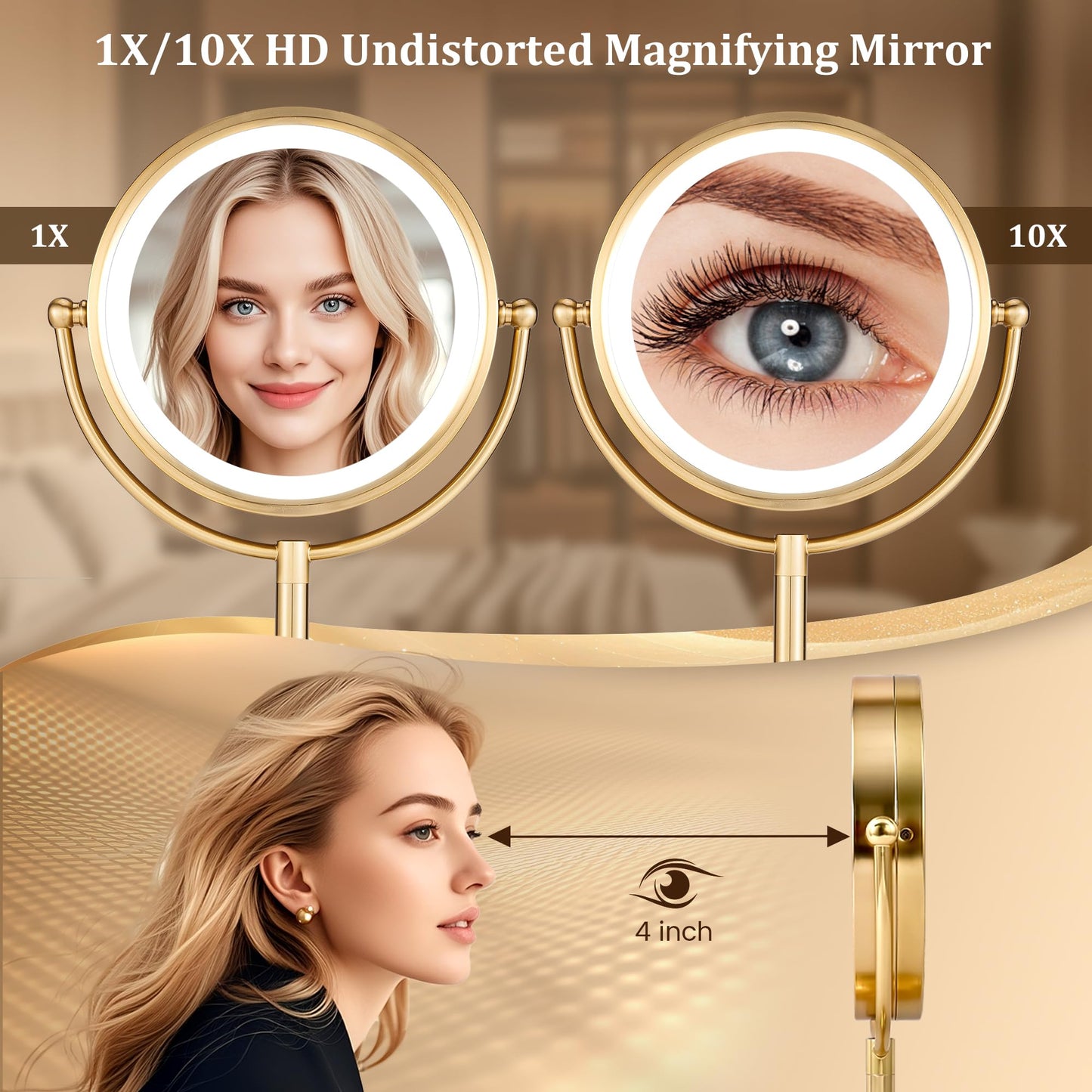 Professional 8.5" Large Lighted Makeup Mirror with Brighter Lights, 1X/10X True HD Magnifying Mirror with 3 Color Dimmable Lights, 90 Shadowless LEDs, 360°Swivel Seamless Vanity Mirror, Pearl Nickel