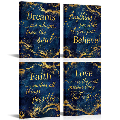 LevvArts Inspirational Wall Art Love Faith Believe Dream Wall Decor Motivaional Encouraging Canvas Prints Blue and Gold Pictures Decoration (Blue)