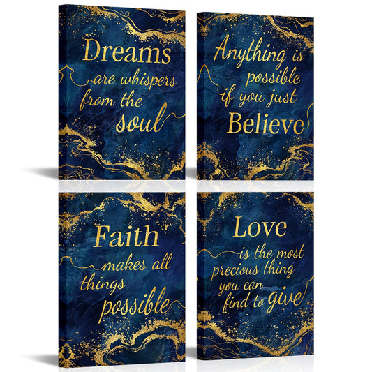 LevvArts Inspirational Wall Art Love Faith Believe Dream Wall Decor Motivaional Encouraging Canvas Prints Blue and Gold Pictures Decoration (Blue)