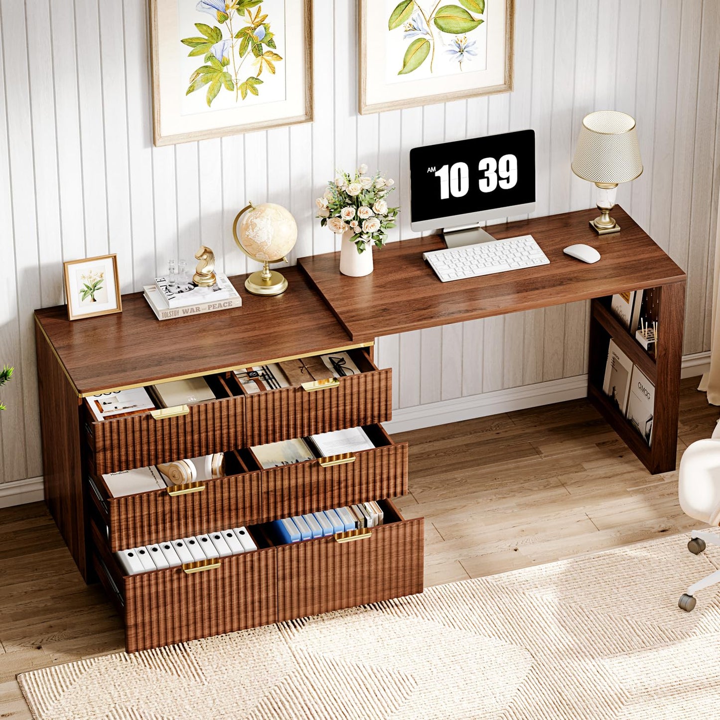 Ieejdn Computer Desk with 6 Drawers, 78" Modern Writing Desk with 0.98" Thickened Desktop & Storage Shelves, Adjustable direction & Extendable Executive Office Desk Study Table for Home Office, Walnut