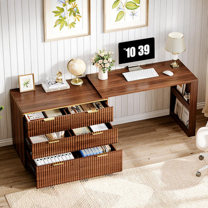Ieejdn Computer Desk with 6 Drawers, 78" Modern Writing Desk with 0.98" Thickened Desktop & Storage Shelves, Adjustable direction & Extendable Executive Office Desk Study Table for Home Office, Walnut