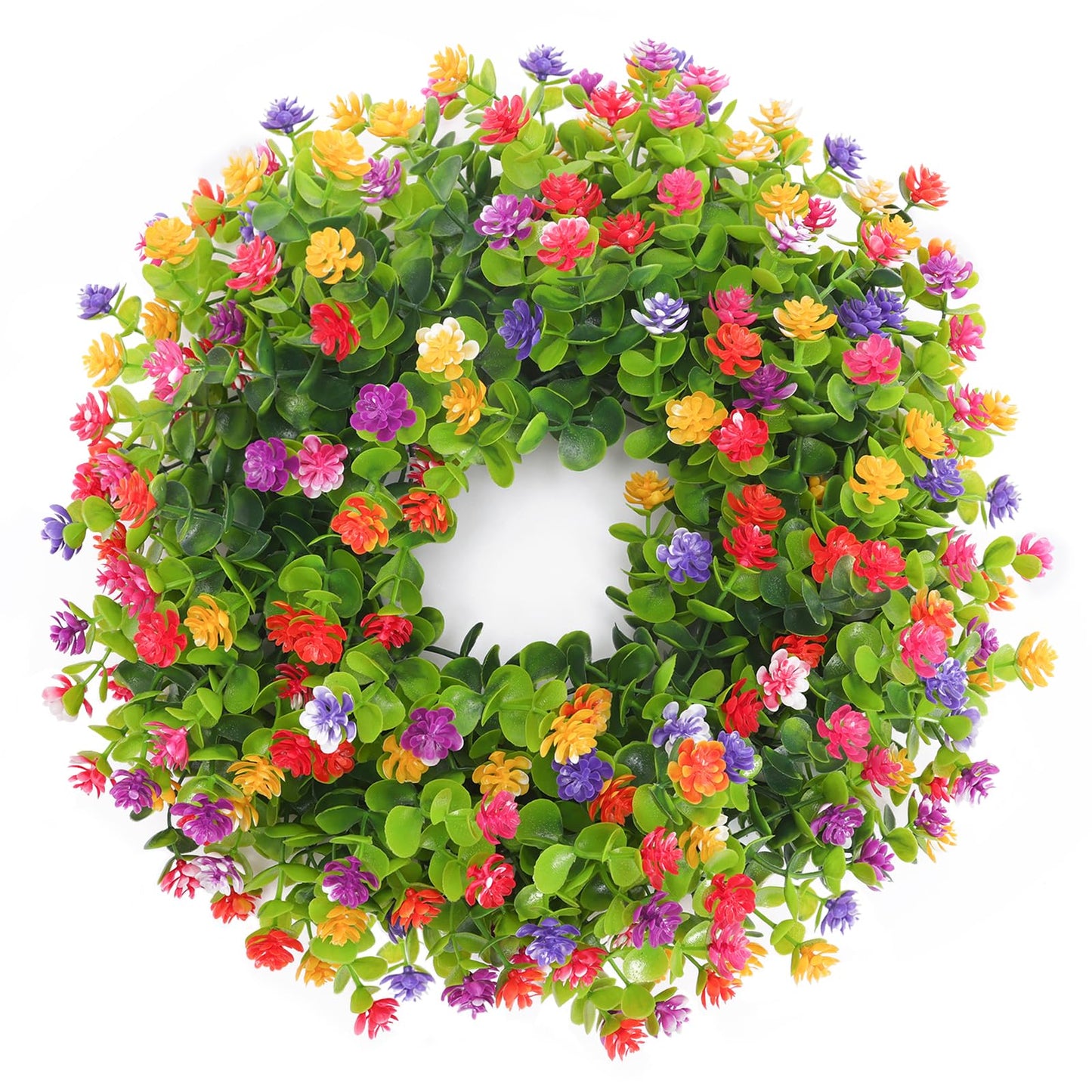 CEWOR 8in Spring Wreaths for Front Door Artificial Flower Wreath with Plastic Green Eucalyptus Leaves for Farmhouse Home Outdoor Decor