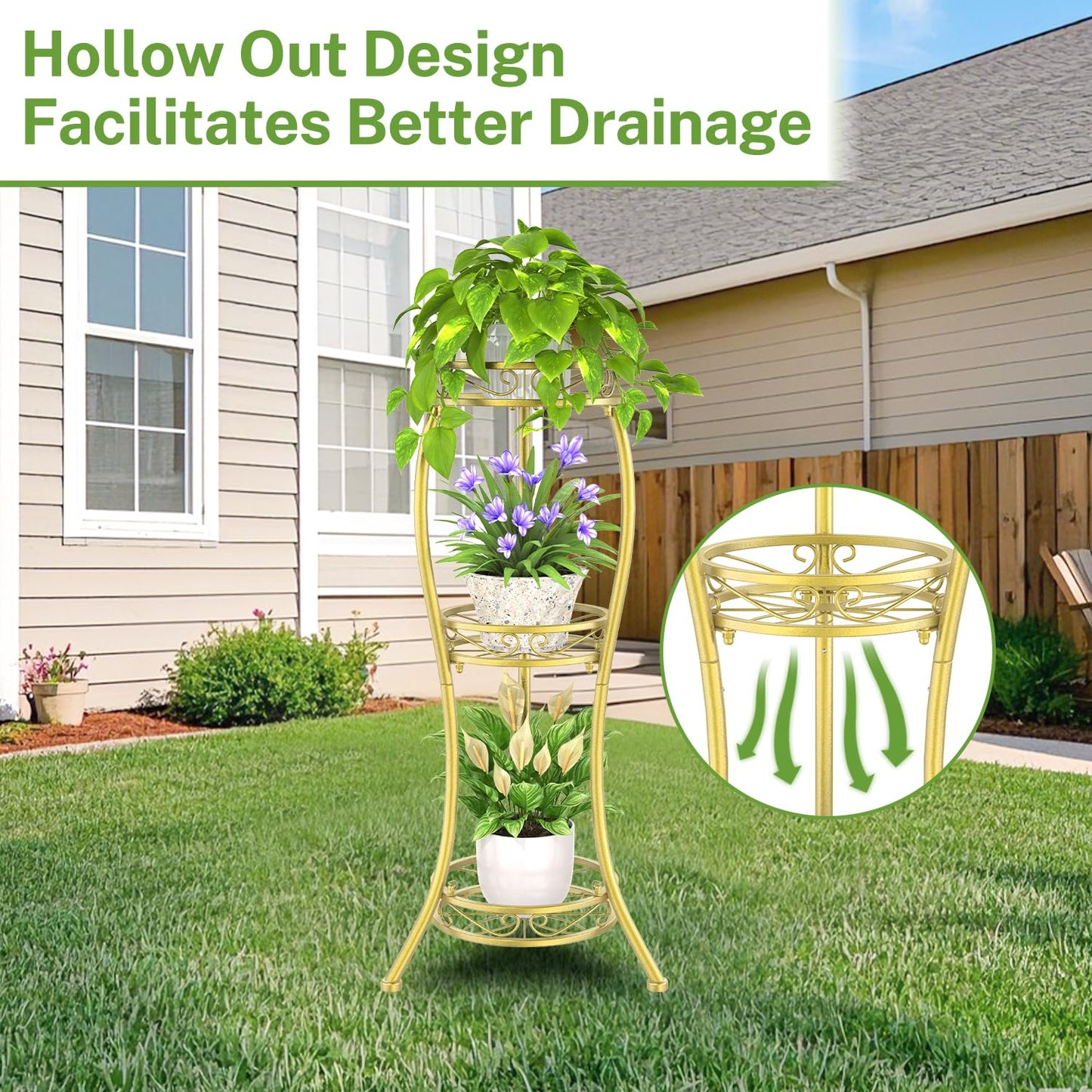 iDavosic.ly 3 Tier Tall Metal Plant Stand Indoor Outdoor, Wrought Iron Corner Flower Pot Holder Shelf, 34 Inch Vertical Display Rack for Patio Porch Living Room Garden, Gold