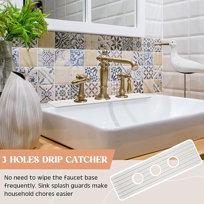 3 Hole White Faucet Mat for Kitchen Sink Bathroom 16.1" x 5" Kitchen Faucet