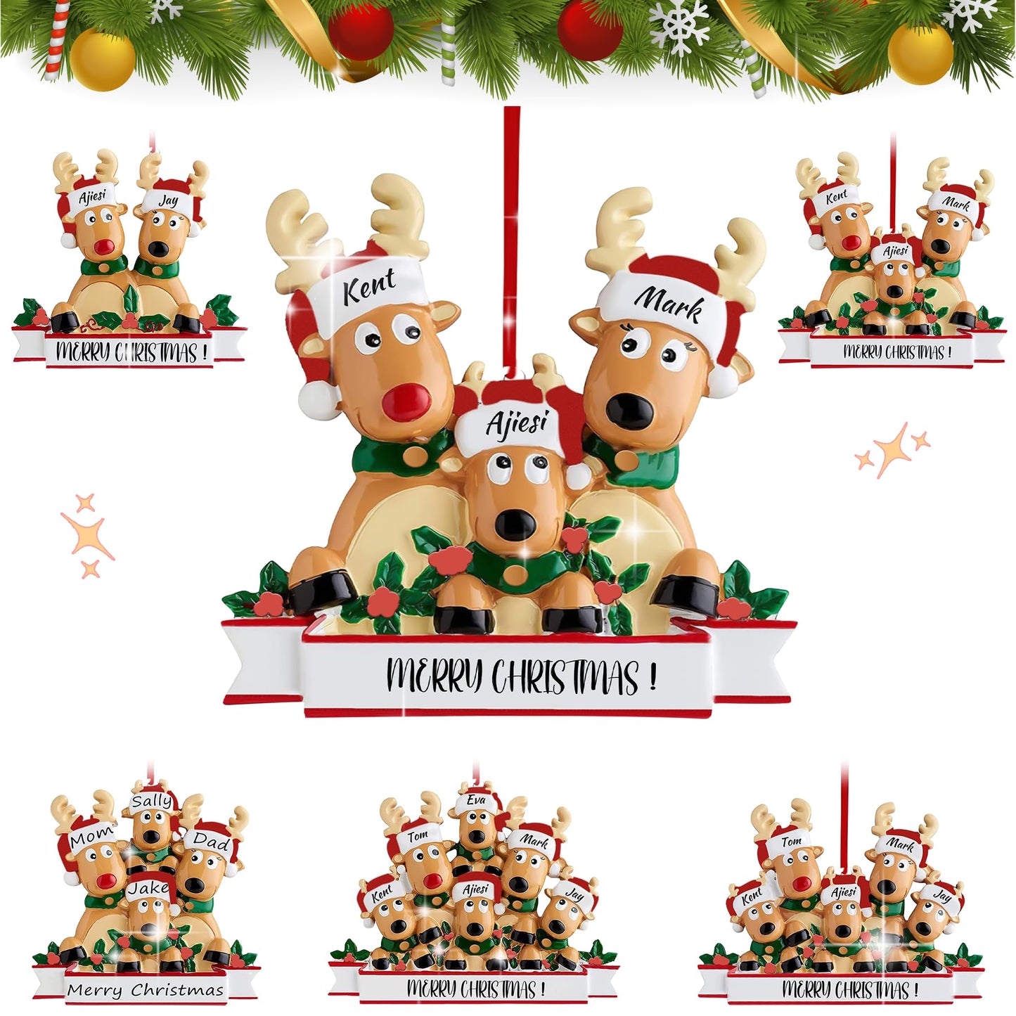 Personalized Reindeer Christmas Ornaments 2025, DIY Resin Elk Deer Family Ornaments with Custom Name, Tree Decorations, 3D Customized Christmas Ornament Gifts (Family of 3)