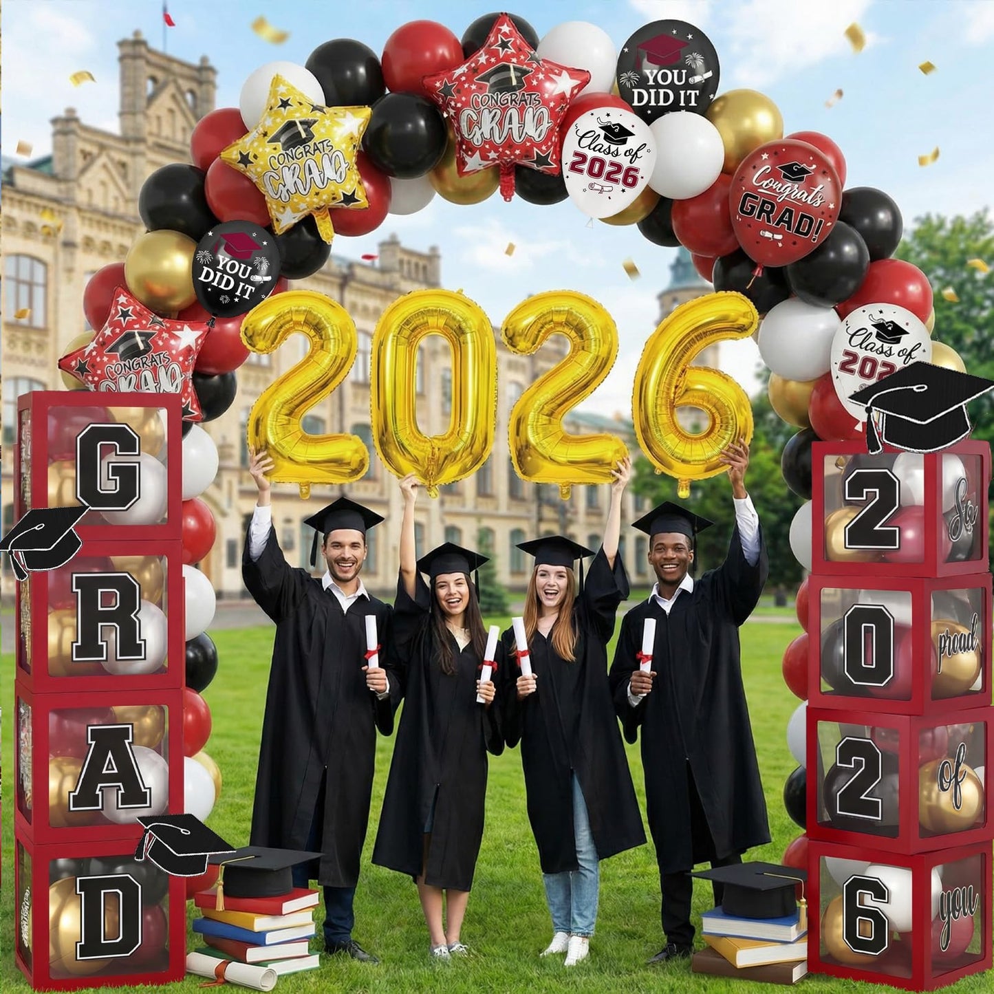 Maroon Prom Graduation Decorations Gold 2026 Number Balloons Boxes Burgundy Black Congrats Party GRAD So Pround of You Letters Star Foil Wine Red White Balloon Backdrop School College Celebrations