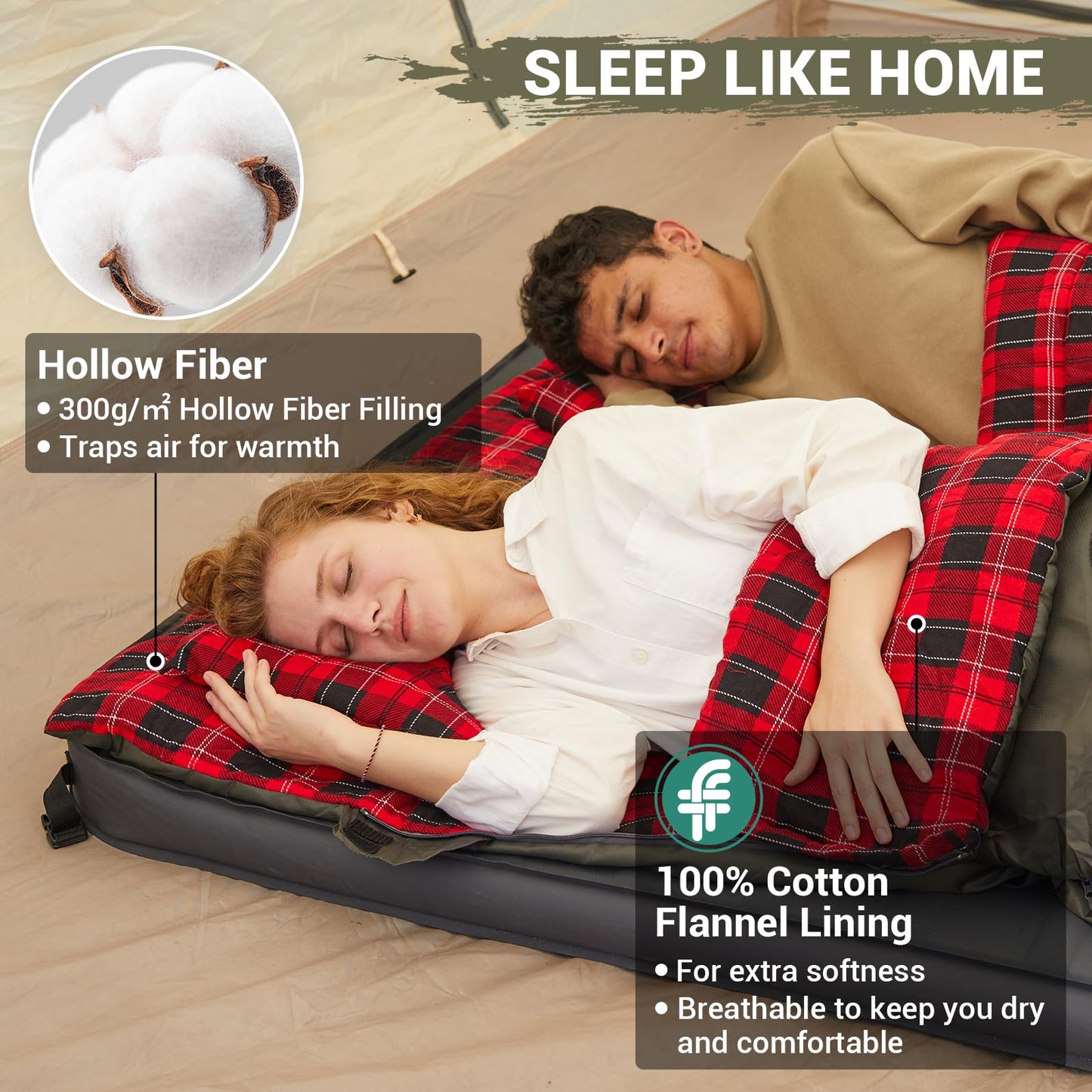 KingCamp Double Sleeping Bag for Adults, Queen Size 2 Person XXL Flannel Sleeping Bag, Waterproof Lightweight Flannel Quilt with 2 Pillows, Perfect for Couples Family Camping Hiking, Green