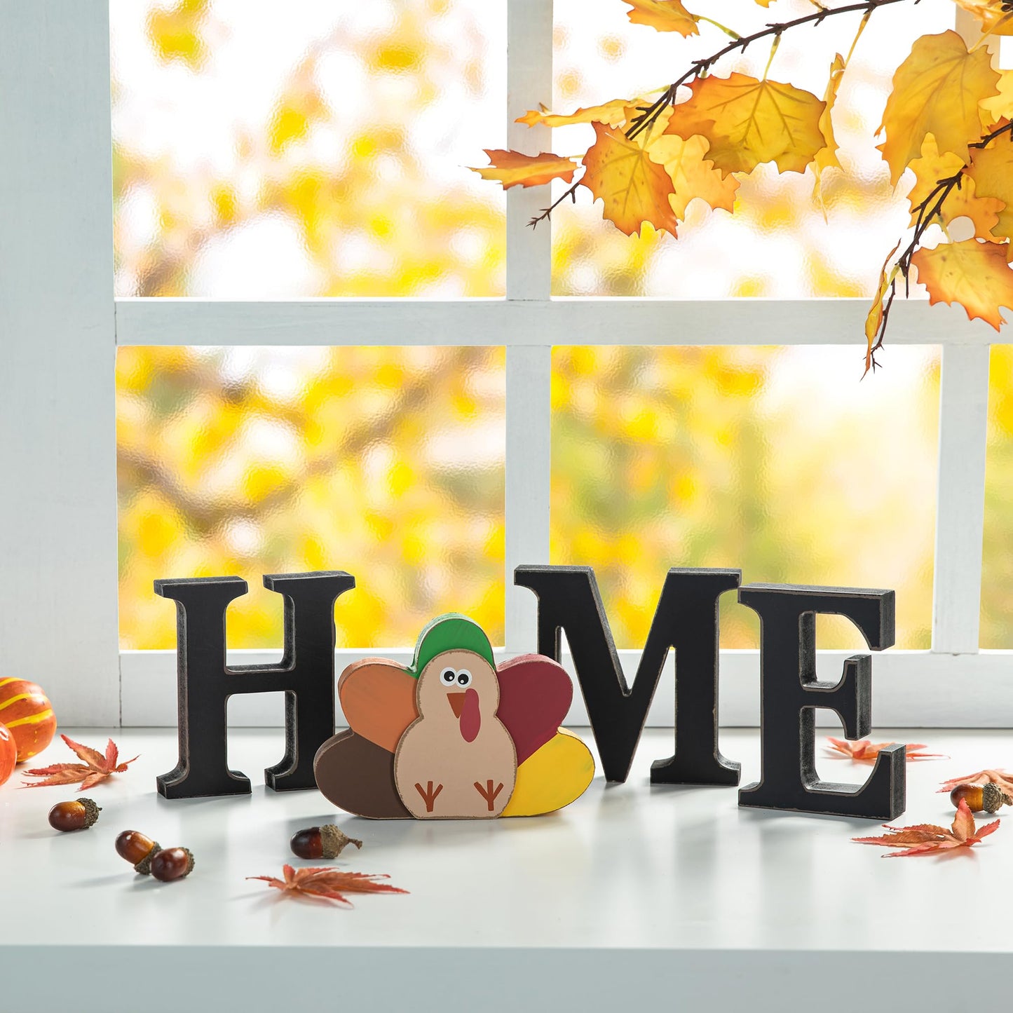 Glitzhome Interchangeable Home Sign with 10 Seasonal Icons Wooden Sign Table Top Shelf Decor for Holiday Farmhouse Door Welcome DIY Decor