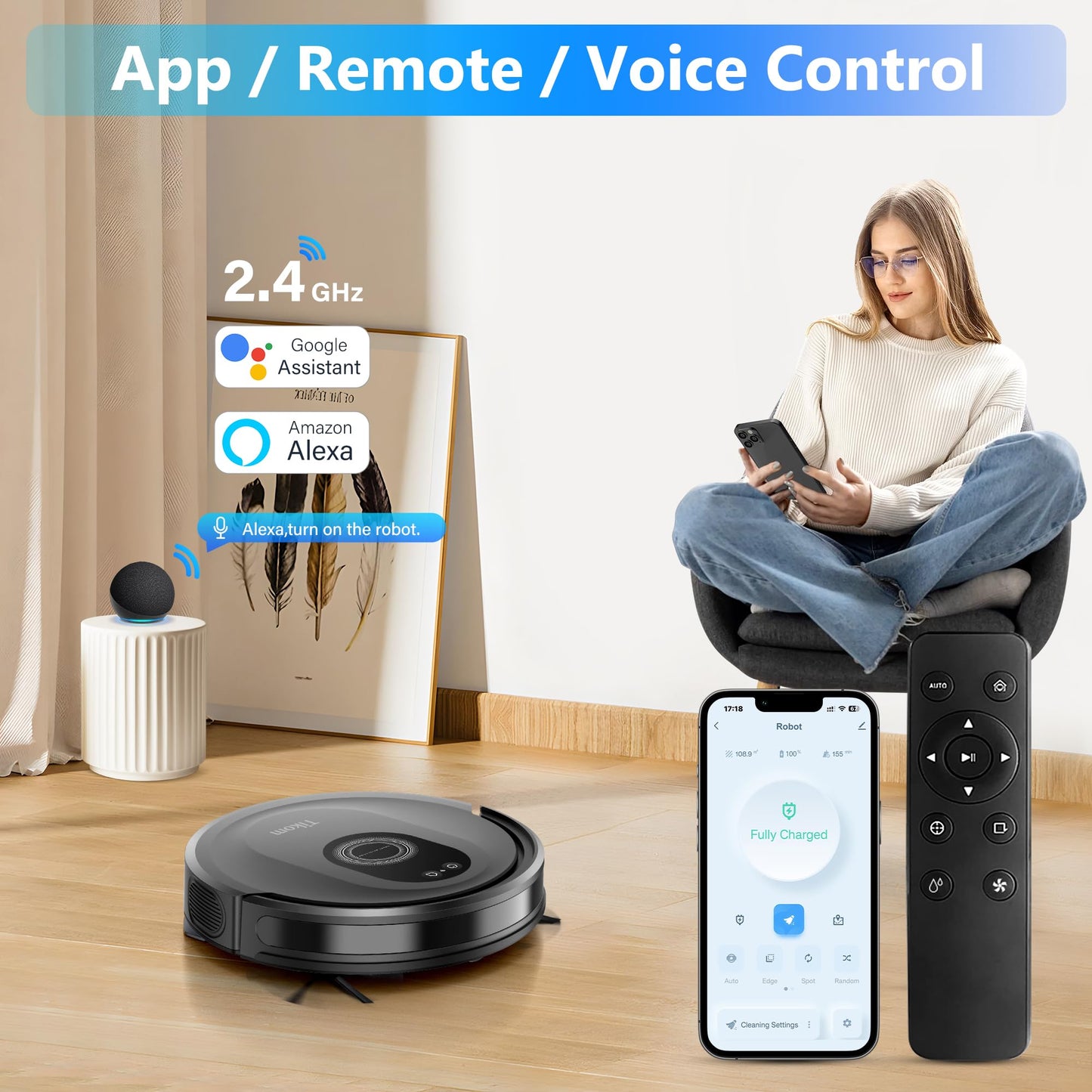 Tikom Robot Vacuum and Mop Combo, 5000Pa Robotic Vacuum Cleaner, 150 Min Max, App & Remote Control, Ideal for Hard Floor, Carpet, Pet Hair, Self-Charge(G8000 Max)