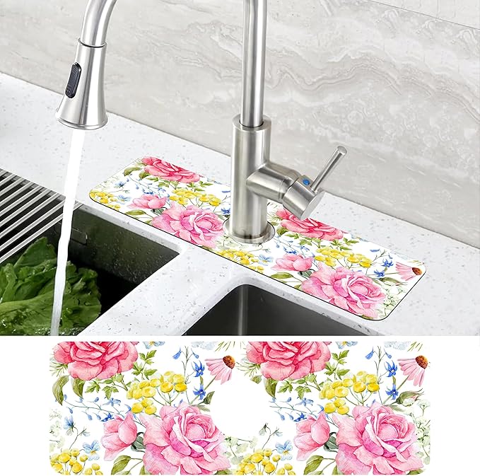 Watercolor Light Pink Floral Dish Drying Mat