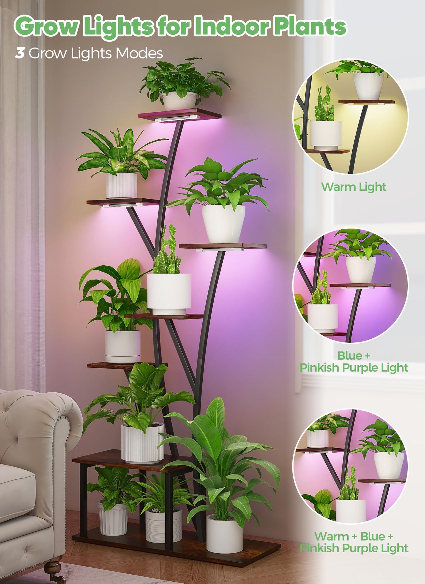 Quikraen 7 Tier Tall Plant Stand with Grow Light For Indoor Plants Growing 60in Indoor Flower Stand Tree-Shaped Plant Shelves for Living Room Patio Black